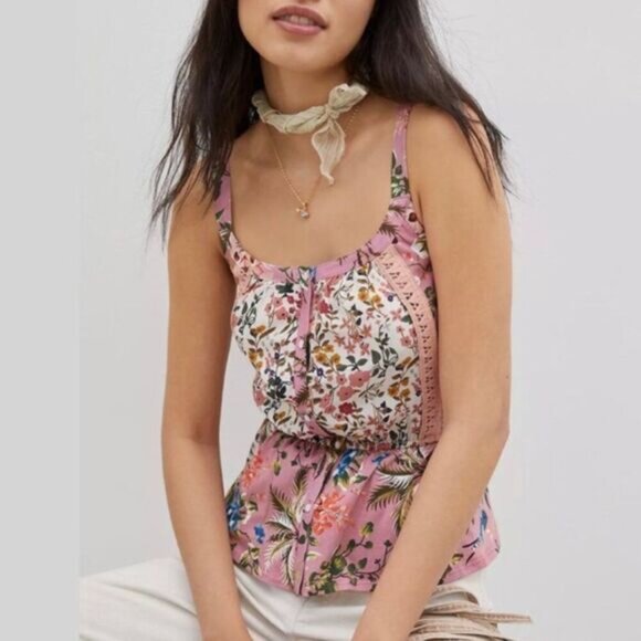TINY / Anthropologie Thea Peplum Tank Top Pink Floral Sz XS Flawed - Picture 16 of 16